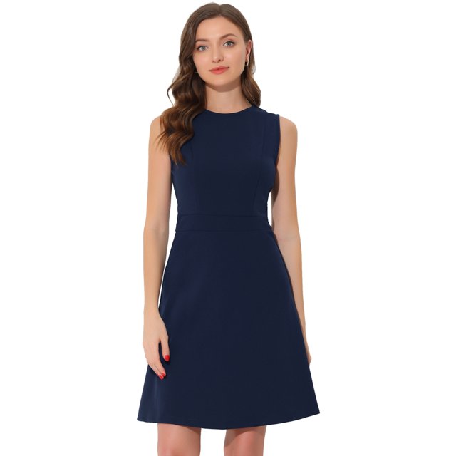 INSPIRE CHIC Robe Midi Évasée Sans Manches à Ligne A Unie pour Femme pour le Travail Bleu Foncé TG