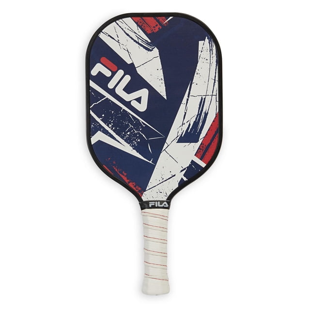 Fila Fiberglass Pickleball Paddle Action with a navy blue fiberglass surface featuring white and red abstract geometric patterns and the FILA logo. It has a black edge guard and a white contoured handle wrapped in grip tape with red accents, designed for durability, balanced weight, and precise control in pickleball play.