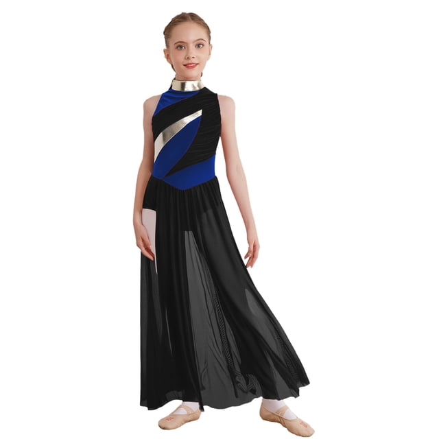 Moggemol Robe de Danse Sans Manches pour Filles Robe de Danse Contemporaine Fendue Longue Jupe Noire Bleue 6