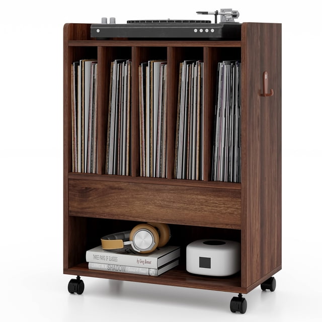 Gymax Record Player Stand on Wheels w/ Pull-out Drawer & Open Shelf Lockable Wheels Brown