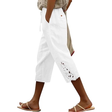 Nfurl Linen Capris Women Elegant Lace Trim Capri Pants with Pockets Drawstring Elastic Waist Summer Casual Cropped Pants Lightweight Capris White,M