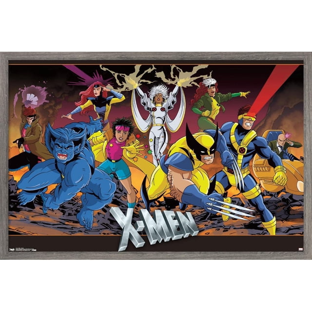 Marvel Comics - The X-Men - Affiche Murale de Groupe, 22,375 Pouces x 34 Pouces Mettant en Vedette une illustration Encadrée de Style Bande Dessinée de l'Équipe X-Men en poses d'Action Incluant Bête Accroupie en Fourrure Bleue, Wolverine avec Griffes Allongées en Tenue Jaune et Bleue, Cyclope Tirant une Explosion Optique Rouge, Tempête avec Cheveux Blancs et Mains Lumineuses, Rogue en Vert et Jaune, Jubilé en Rose et Bleu, Jean Gris avec