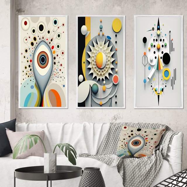 Designart "Occult Séance Insights IV" Modern Geometric Framed Wall Art Set Of 3 - White Abstract Frame Canvas Set For Living Room Decor