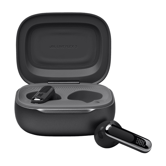 JBL LIVE FLEX 3 Véritables Écouteurs Sans Fil à Réduction de Bruit à Tige Ouverte en Noir Mat avec un Oreillette dans l'Étui de Recharge Intelligent et l'Autre à l'Extérieur, avec accents Noirs Lustrés et logo JBL, Conçus pour un Audio Haute Résolution, une Réduction de Bruit Adaptative et 50 Heures de Lecture au total.