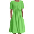 thumbnail image 1 of QJUHUNG Midi pour Femmes Été Décontracté Ample Bohème à Imprimé Floral Col Ras du Cou Manches Courtes Longueur Genou Robe Froncée avec Poches, 1 of 7