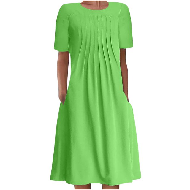 QJUHUNG Midi pour Femmes Été Décontracté Ample Bohème à Imprimé Floral Col Ras du Cou Manches Courtes Longueur Genou Robe Froncée avec Poches