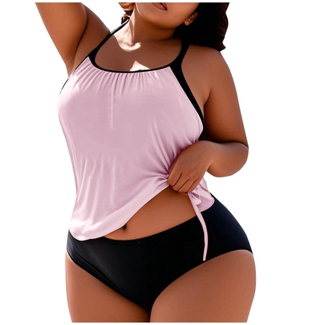 FAVIPT Women Plus Size 2 Piece Tankini Ruched Drawstring Tummy Control Bathing Suit Tropical Summer Beach Swimsuit Pink,XXXXL