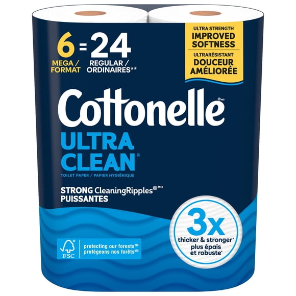 Cottonelle Ultra Clean Toilet Paper, Strong Toilet Tissue, 6 Mega Rolls