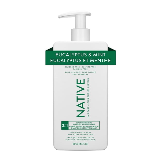 Native Shampooing 2-en-1 Revitalisant pour Cuir Chevelu à l'Eucalyptus et à la Menthe en Bouteille Rectangulaire Blanche avec Distributeur à Pompe, avec Texte Vert Mettant en Valeur Sa Formule Sans Silicone, Sans Sulfate et Sans Parabènes Conçue pour Nourrir, Hydrater et Nettoyer les Cheveux et le Cuir Chevelu avec des Ingrédients Propres, 487 ml (16.5 fl oz).