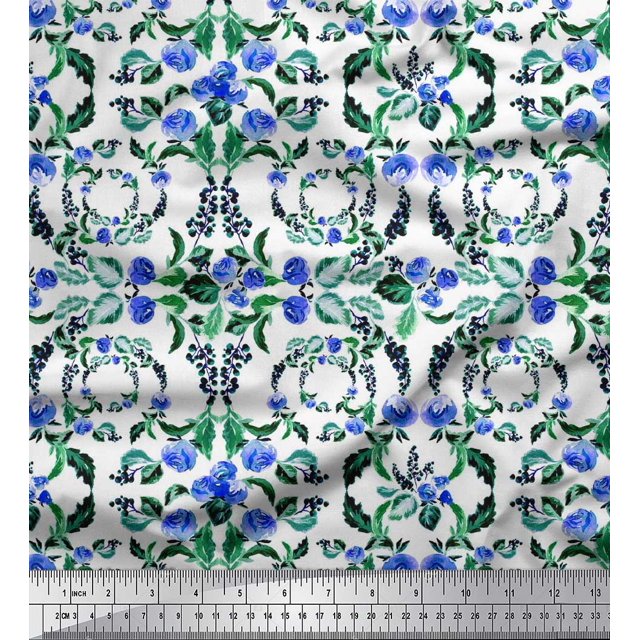 Soimoi Tissu de Crêpe de Polyester Couronne, Feuilles & Fleurs Roses Imprimés par Yard 42 Pouces de Large