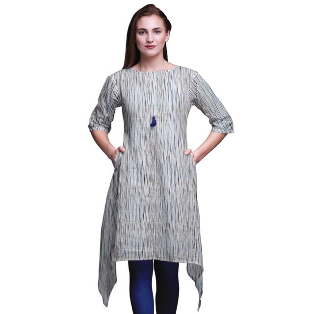 Bimba Kurti Asymétrique à Tissage Bleu Imprimé Shibori pour Femmes Robe d'Été Indienne Tunique XSmall