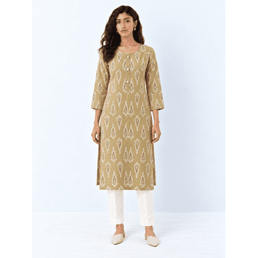 DWEEP SARA Women’s Beige Printed Rayon Straight Kurta | Soft Cotton Feel | Casual & Office Wear | L
