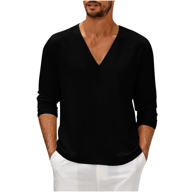 GigrtiJin Mens Long Sleeve T-Shirt Casual Fall V Neck Solid Color Tops Blouses Plus Size Basic Pullover Undershirt