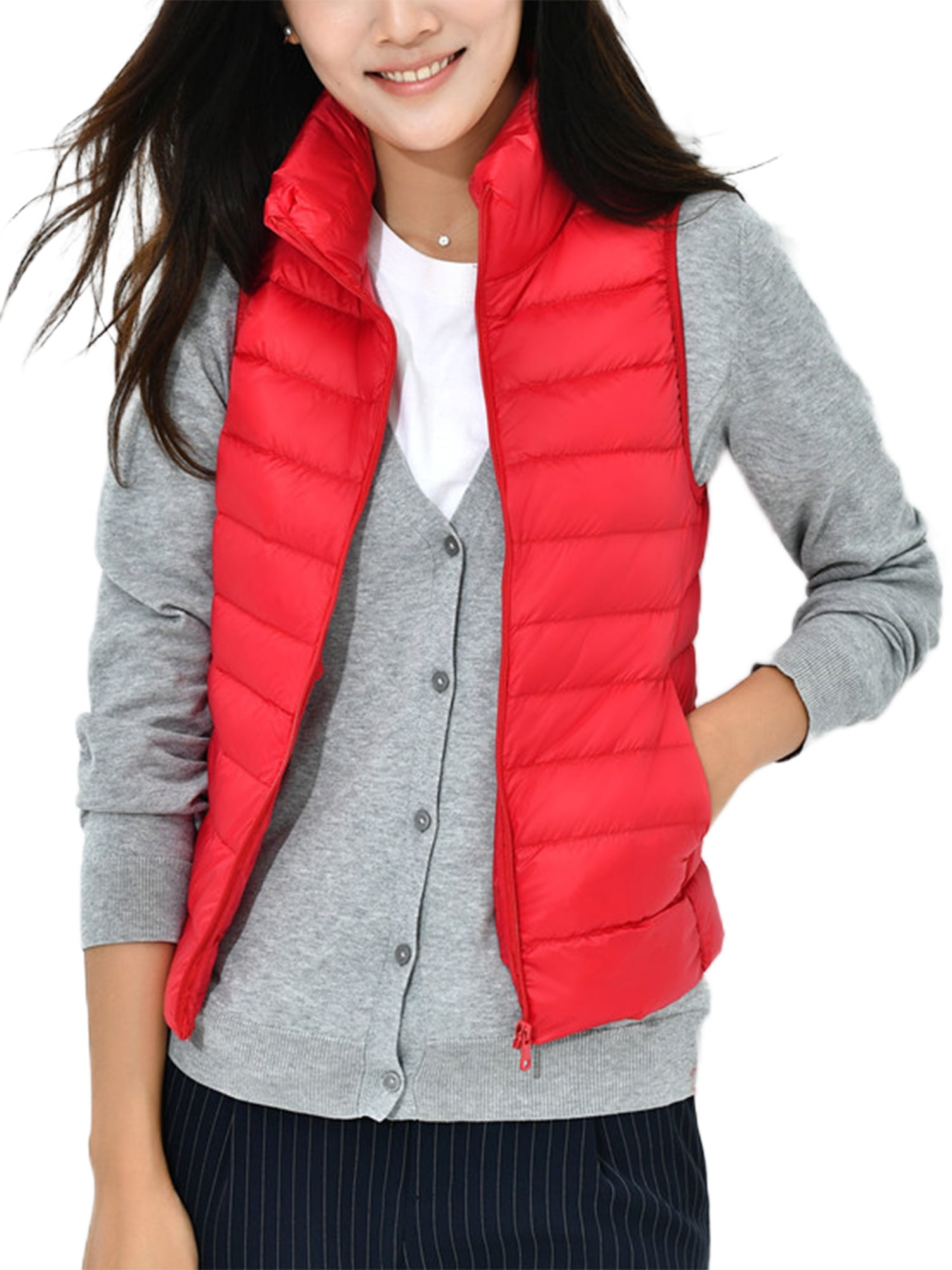Innerwin Down Jackets Long Sleeve Ladies Puffer Vest Work Stand Collar Warm Outwear Red M