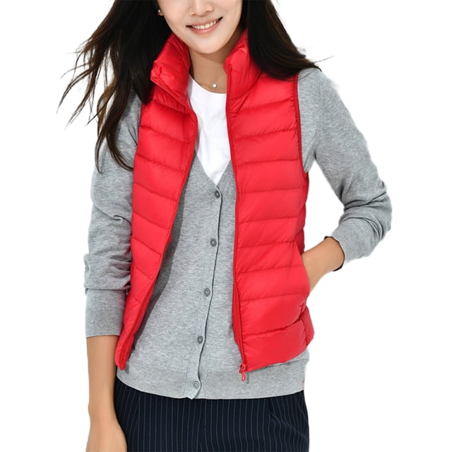 Innerwin Down Jackets Long Sleeve Ladies Puffer Vest Work Stand Collar Warm Outwear Red XL