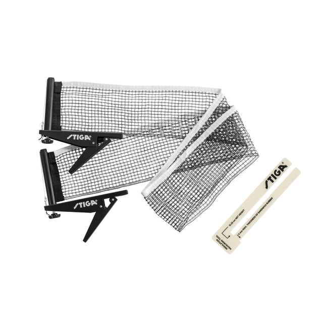 STIGA Ensemble de Tennis de Table à Tige Clipper/Net Premium avec une Maille en Mélange de Coton Premium Pliée de 72 Pouces, Deux Poteaux à Pince à Ressort en Acier Noir avec logos STIGA, et un Outil de Mesure Blanc pour une tension Précise et une Hauteur Réglable sur des tables standard de 60 Pouces de Large.