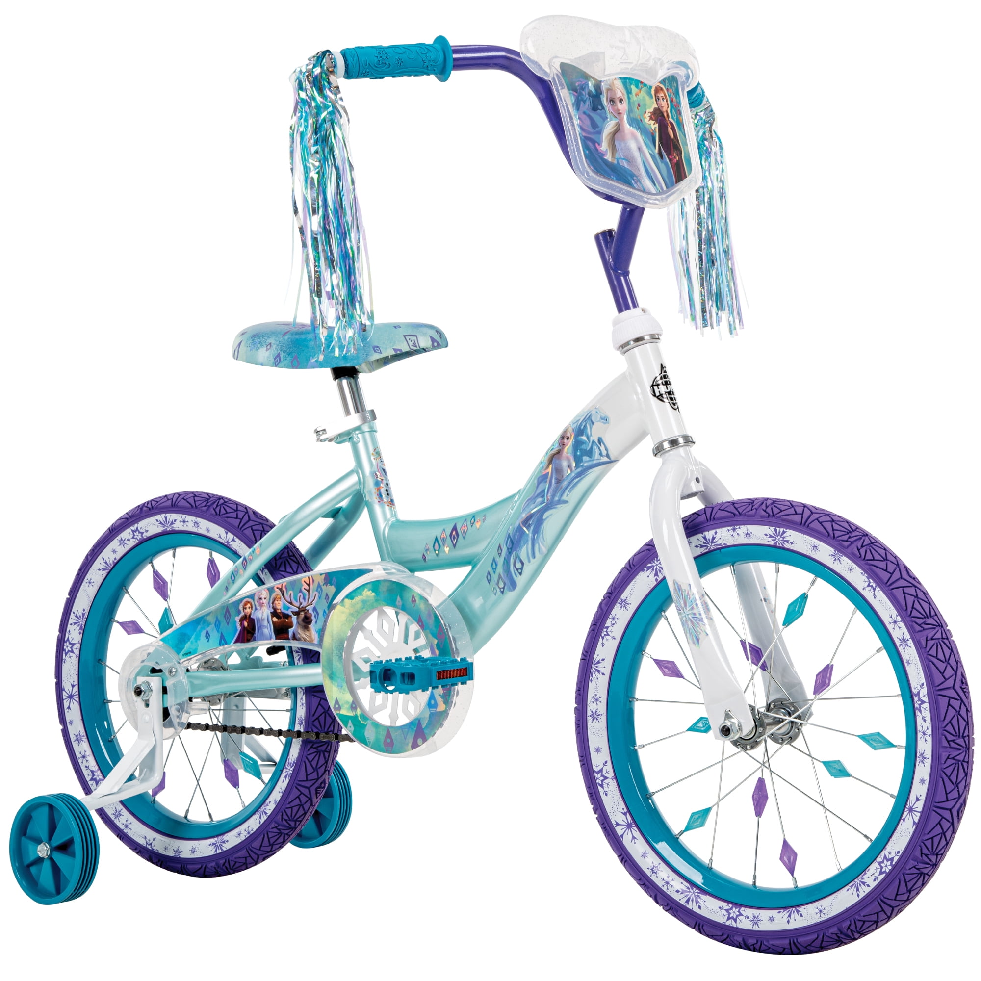 Huffy 16-inch Disney Frozen Bike for Girls with Training Wheels, Sparkly White/Crystal Blue