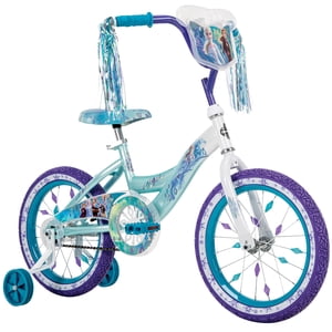 Huffy 16-inch Disney Vélo surgelé pour les filles avec roues d'entraînement, Sparkly White/Crystal Blue
