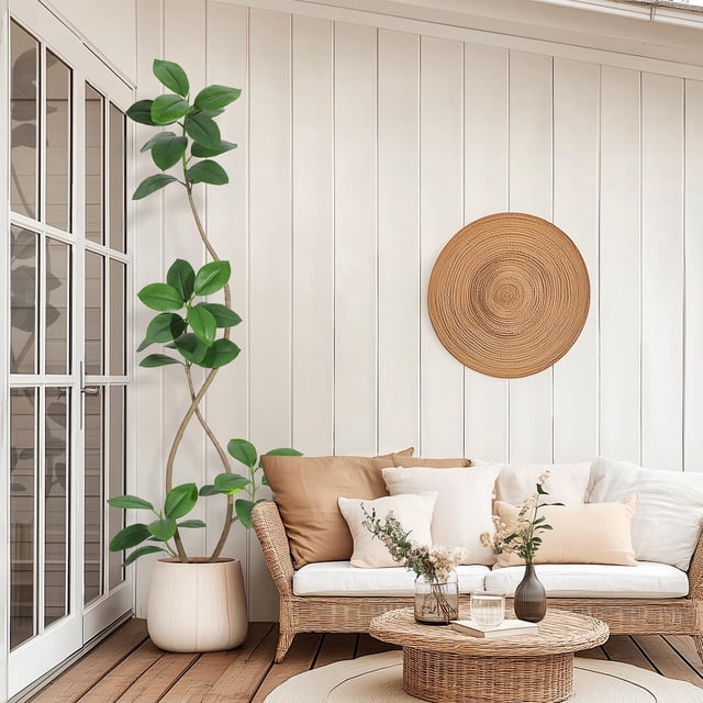 6.9ft Artificial Rubber Tree with Off White Sphere Resin Planter & Stone,Indoor Artificial Tree Tall Plant Fake Tree,Faux Fiddle Leaf Fig Tree for Home Decor