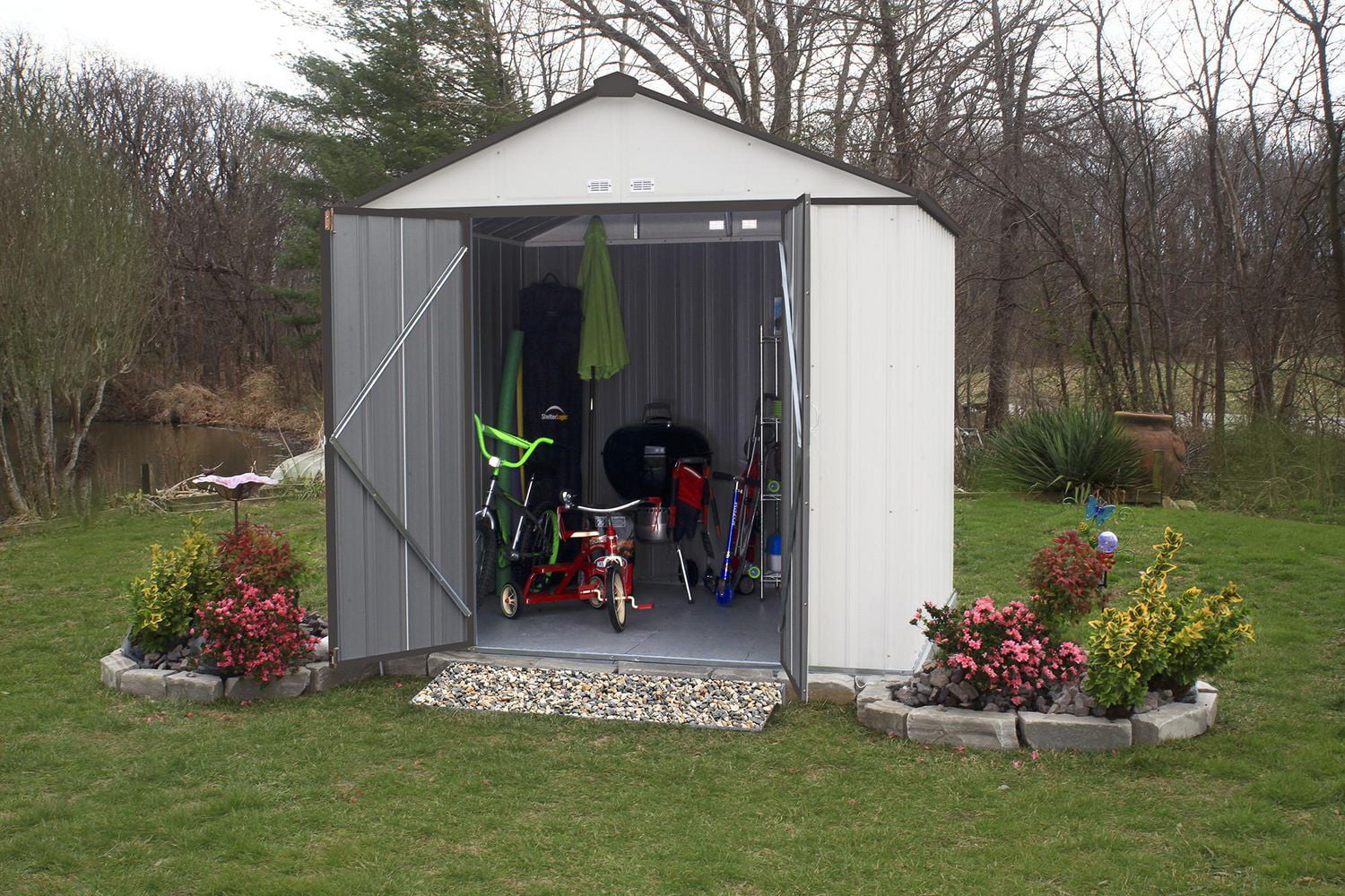 EZEE Shed Steel Storage 10 x 8 ft. Galvanized Extra High Gable Cream with Charcoal Trim