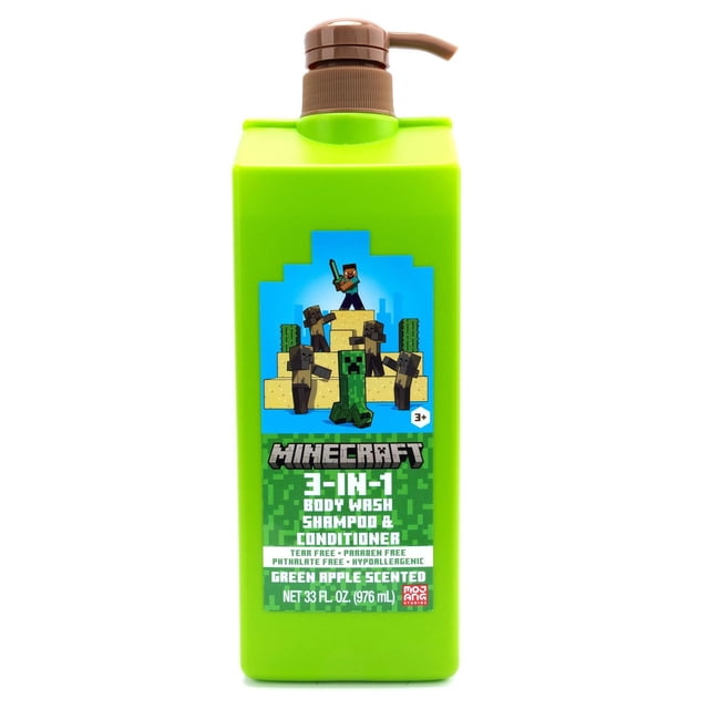 Minecraft Nettoyant pour le Corps 3 en 1, Shampoing et Revitalisant dans une Bouteille Vert Vif de 33 fl oz avec Distributeur à Pompe Brun, Présentant des Personnages Minecraft Pixélisés sur l'Étiquette. Cet Essentiel de Bain Parfumé à la Pomme Verte Est Sans Larmes, Sans Parabènes, Sans Phtalates et Hypoallergénique, Convient aux Soins des Cheveux et du Corps.
