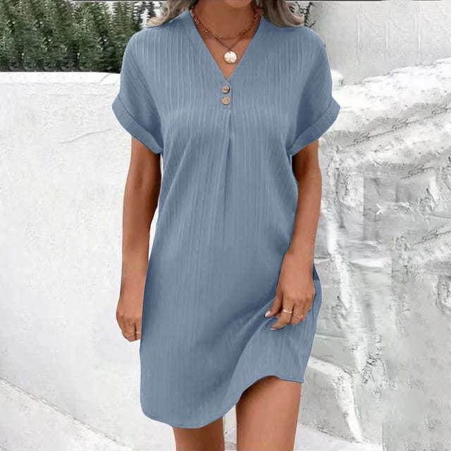 FcBaudy Robe à Manches Courtes Col en V Longueur Genou, Robes d'Été pour Femmes, Robes Décontractées pour Femmes Col Rond Manches Courtes avec Poches Fendue à Ourlet Croisé Robe pour Femmes