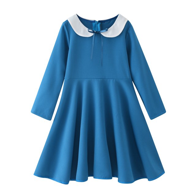 Dresses For Teens Spring Summer Print Ruffle Long Sleeve Solid Casual Girls Dress Blue 11-12 Years