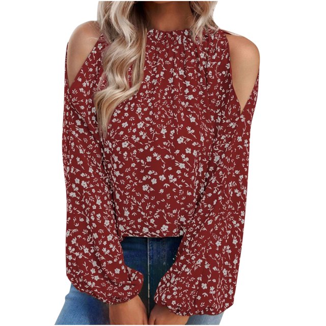 Pompotops Hauts d'Été Décontractés pour Femmes à Imprimé Floral, Col Rond, Manches Longues, Épaules Dégagées, Blouses Amples, Liquidation
