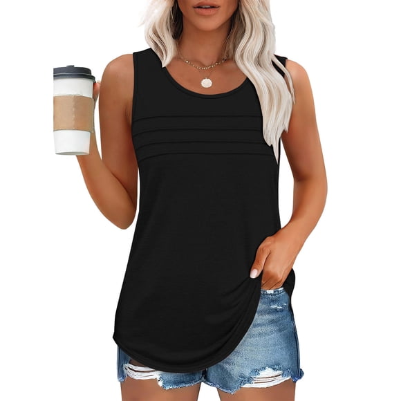 LOVZFMLL Women's Tank Tops Summer Casual Blouses Sleeveless Flowy Crew Neck Tops Loose Fit Basic Trendy Outfits Clothes Black 3XL