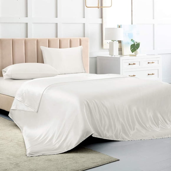 Satin Bed Sheets California King Size Sheets Set, White Silk Sheets, 4 - Pieces Soft Bedding Set with 1 Deep Pocket Fitted Sheet,1 Flat Sheet,2 Pillowcase