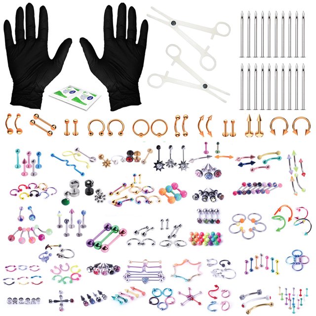 BodyJ4You 156PC Body Piercing Kit 14G 16G Rose Goldtone Belly Ring Tongue Tragus RANDOM Mix Jewelry