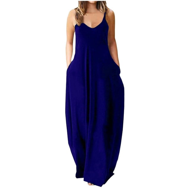 Robe Maxi d'Été pour Femmes Robe Longue Décontractée Bohème Sans Manches à Bretelles Smockée à Volants Longue Plage Soleil Robes