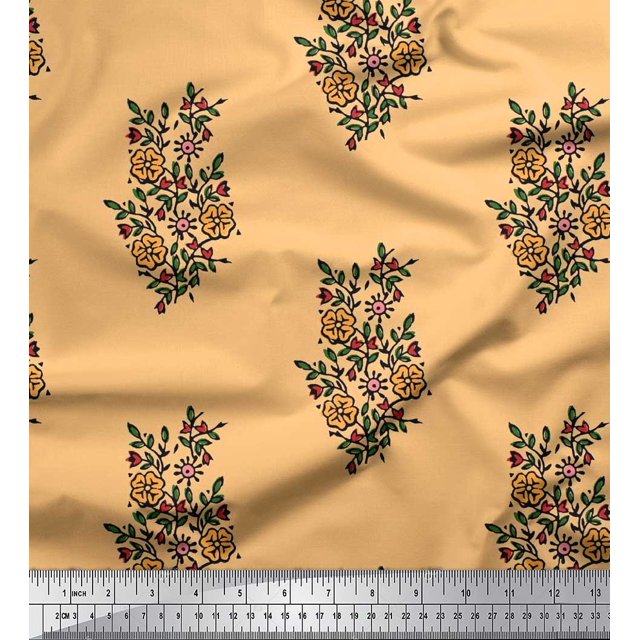 Soimoi Poly Georgette Fabric Leaves & Floral Block Print Fabric by Yard 52 Inch Wide