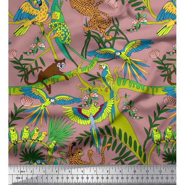 Soimoi Velvet Fabric Branches,Parrot & Leopard Jungle Decor Fabric Printed Yard 58 Inch Wide