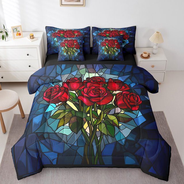 Red Roses 7 Pieces Bedding Set Queen,Nature Garden Blooming Flowers Romantic Bed in a Bag for Teens,Artistic Stained Glass Style Patchwork Comforter Set with Sheets,Pillow Covers