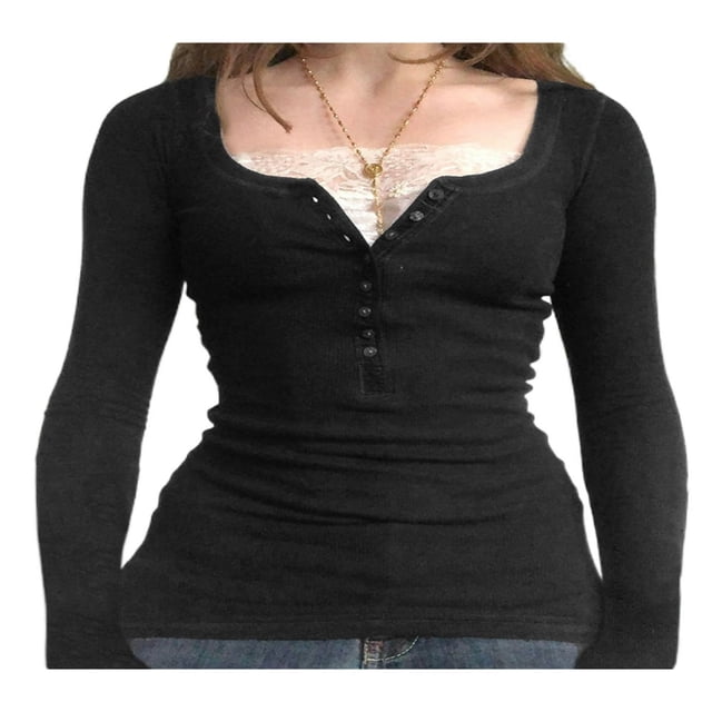 Women Vintage 2000s Long Sleeve T-Shirts Casual Lace Patchwork Square Neck Pullover Tops Fall Spring Slim Tees Grey M