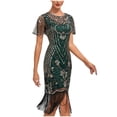 thumbnail image 1 of Pisexur Robe à Manches Courtes à Col Rond Longueur Genou Femmes Robe à Col Rond Sans Manches à Paillettes avec Franges Robe de Fête Banquet Robe de Danse Robe Courte Femmes Robe, 1 of 3
