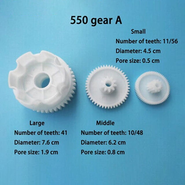 Plastic gear set for gearbox 550 and 390 children's electric car, featuring large, medium, and small gears. The large gear has 41 teeth, a diameter of 7.6 cm, and a pore size of 1.9 cm. The medium gear has 10/48 teeth, a diameter of 6.2 cm, and a pore size of 0.8 cm. The small gear has 11/56 teeth, a diameter of 4.5 cm, and a pore size of 0.5 cm. Designed for use in kids' ride-on toy cars and motorcycles.