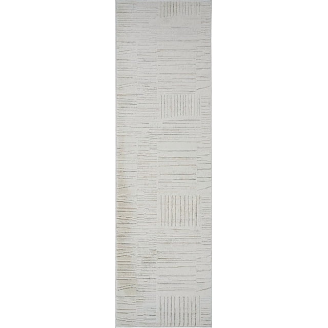 Rug Branch Astra Modern Indoor Area Rug in beige cream with an abstract geometric pattern of textured horizontal and vertical lines, suitable for use as a kitchen mat or indoor floor covering.
