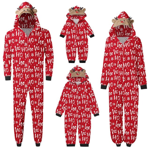 Christmas Family Matching Jumpsuits Pajamas Santa/Tree/Print Hooded Long Sleeve Zipper Onesie Rompers Pjs