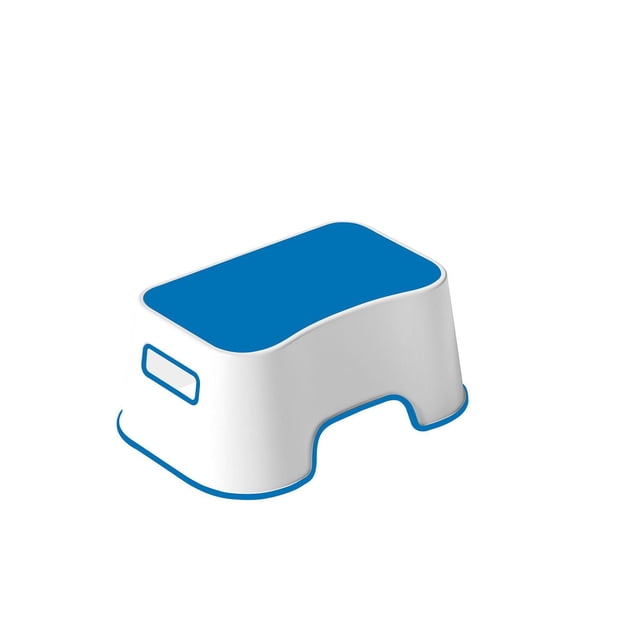 Mainstays Kids Blue/ White Stool with a rectangular shape, blue non-slip top, white body with blue trim on base and handle cutouts, anti-skid feet, and 77 lbs capacity, designed for children aged 3-7, suitable for kitchen, bathroom, or playroom use.