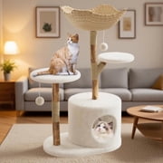 46-Inch Cat Tree Tower for Large Cats - Modern Cat Tree with Wooden & Rattan Scratching Post, Comfortable Bed, Stylish Pet Furniture for Indoor Use