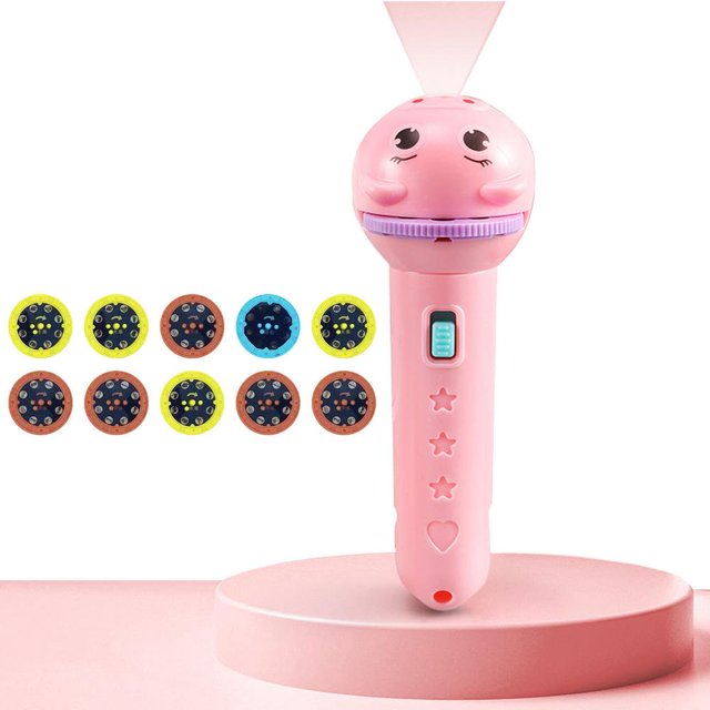 Kids Flashlights Projector Fun Projection Cognitive Learning ToyFlashlight Educational Projection Toys featuring a pink flashlight with a smiling face design, star and heart accents, and a slide switch. Includes 8 interchangeable projection discs with patterns like animals, numbers, and letters. Ideal as a night lamp for bedtime use and cognitive learning activities.