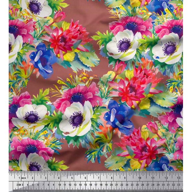 Soimoi polyester Crepe Fabric Leaves,Lotus & Anemone Floral Decor Fabric Printed Yard 42 Inch Wide