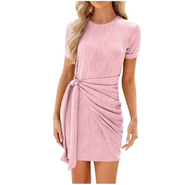 Dvkptbk Womens Summer Bodycon Dress Solid Color Crew Neck Party Dress Ribbed Slim Fit Ruched Bodycon Casual Mini Dresses