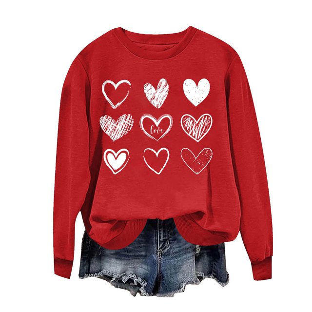 Penkiiy Chandail en Molleton Imprimé Cœur pour Femmes Manches Longues Col Rond Décontracté Ample Vintage Amour Graphique Chandail TG Rouge