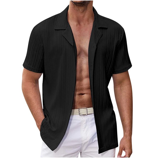 EOYWHK Mens Cotton Linen Shirts Short Sleeve Summer Ribbed Knit Button Down Cardigan Solid Color Collared Lapel Office Blouse Workwear Beachwear
