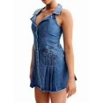 thumbnail image 3 of Women'S Sleeveless Denim Dresses Chic Single Breasted Ruffed Hem Mini Length Dress Blue M, 3 of 8