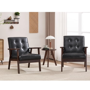 Bonzy Home Leather Accent Chair Set of 2, Mid Century Modern Armchair with Solid Wood Legs, Reading Leisure Chairs with Thick Seat Cushion for Living Room Bedroom, Black