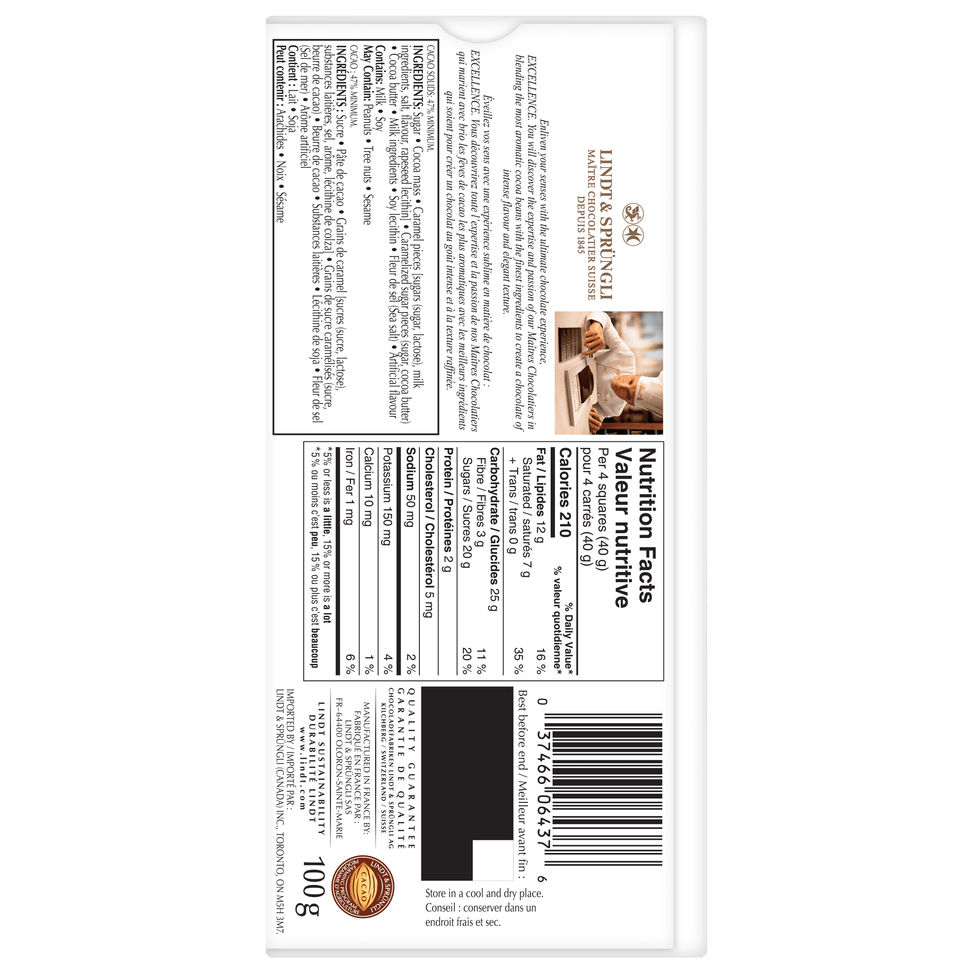 Chocolat noir Lindt EXCELLENCE Caramel et fleur de sel – Barre (100 g)